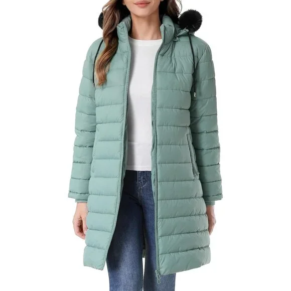 Women's Light Green Waterproof Long Down Jacket,warm Winter Hooded Puffer Coat